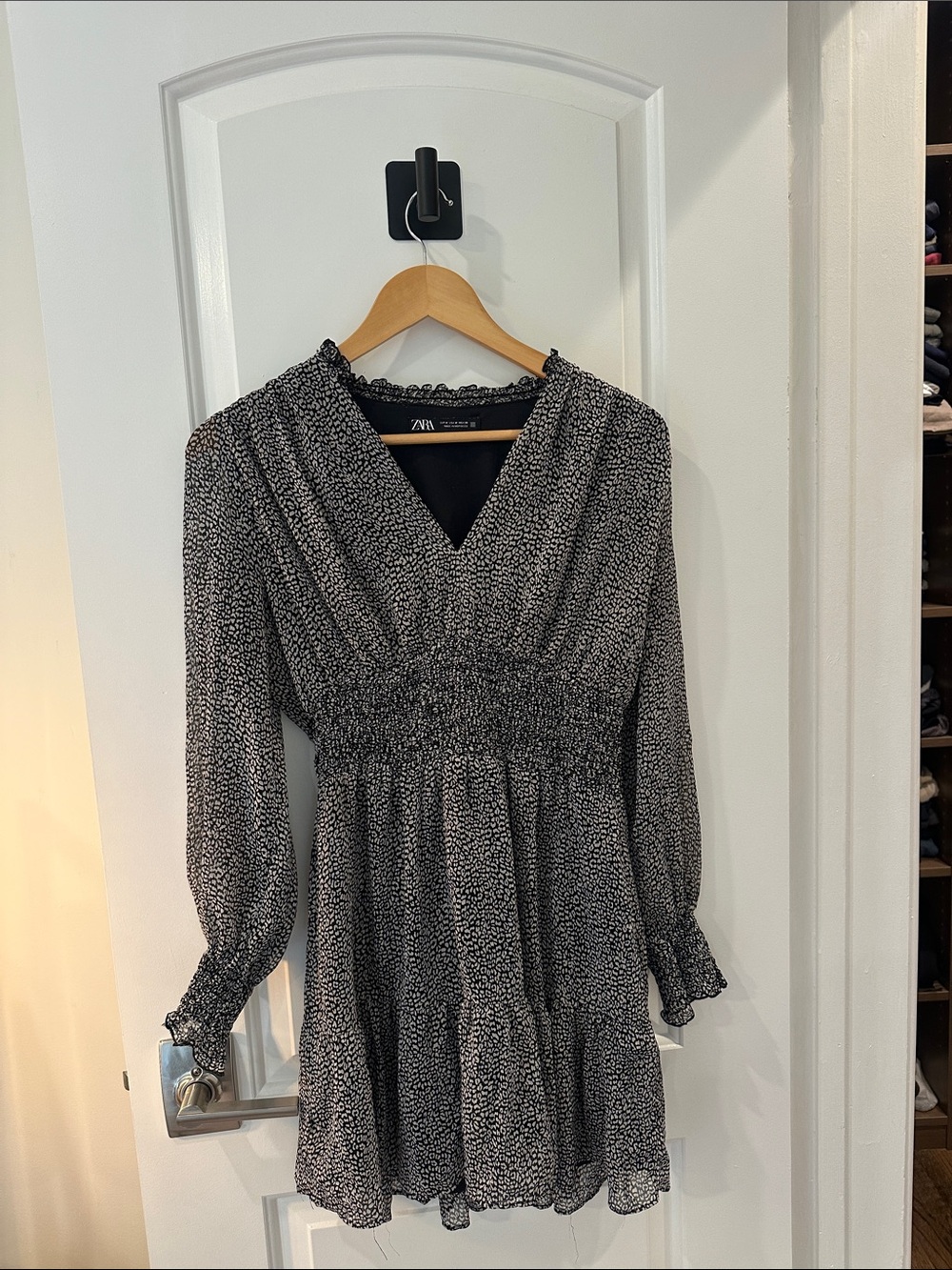 Zara Black & White Printed Long Sleeve Smocked Waist Dress